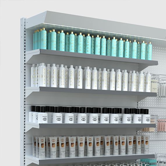 Foto de góndola de perfumería mural sin productos, perspectiva axonométrica de detalle