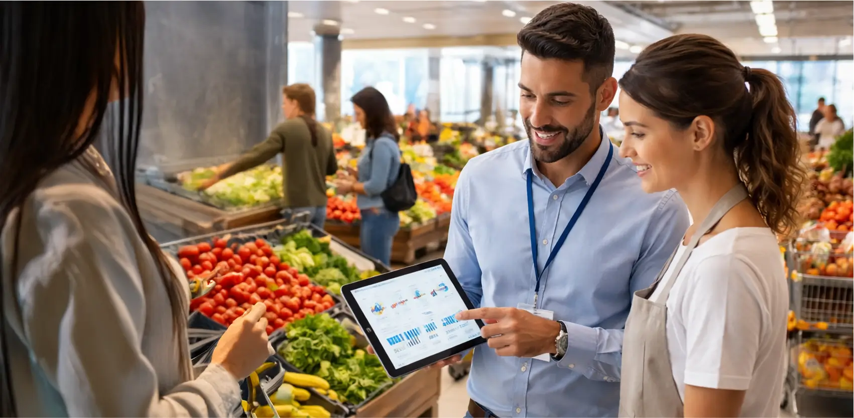 Análisis de datos de ventas en supermercado con equipo evaluando métricas en tablet frente a góndolas de frutas y verdura