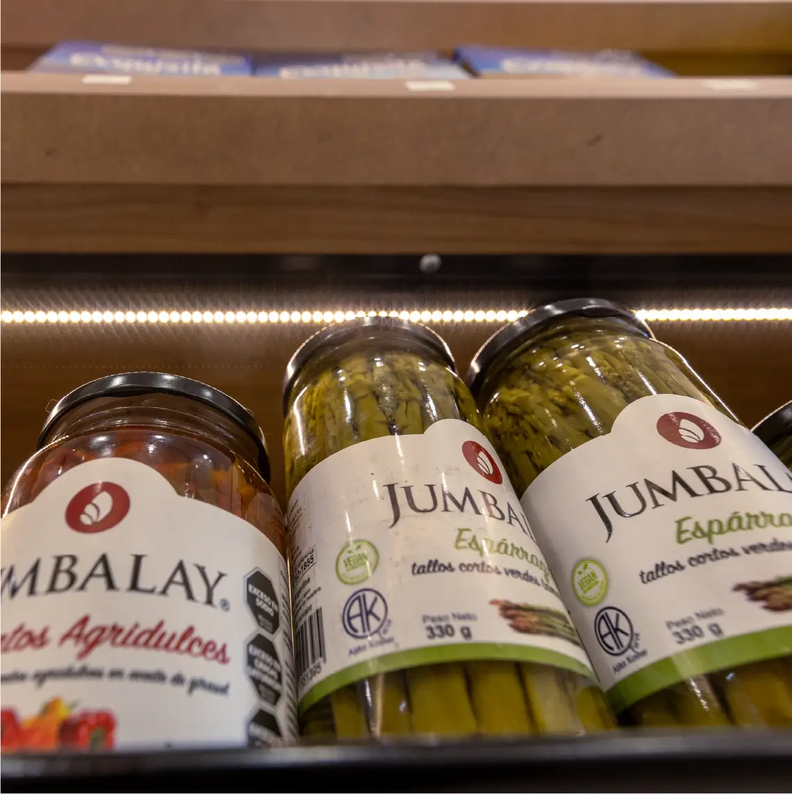 Góndolas comerciales de madera y metal en almacén moderno con iluminación LED en Local PLAZA Almacén Fiambrería